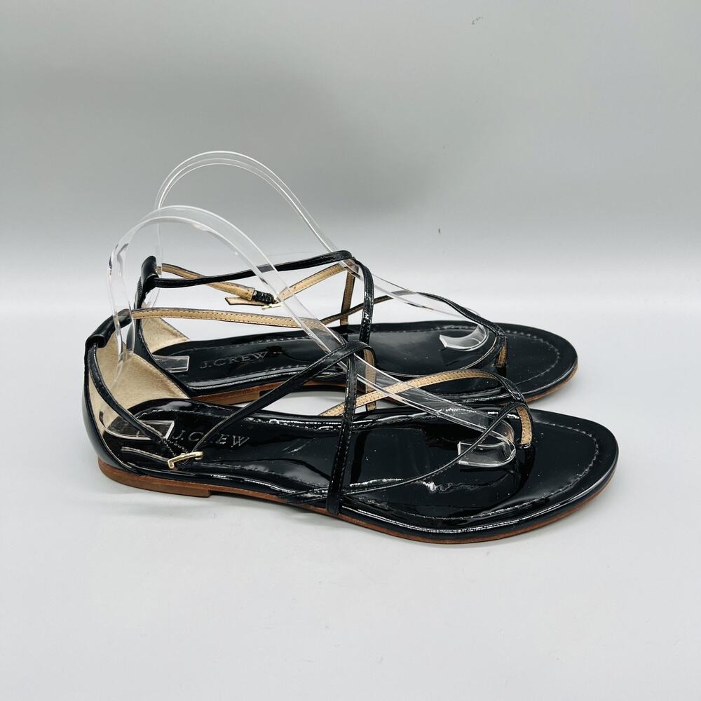 J Crew Sandals Women 9 Black Patent Leather Strappy Thong Ankle Strap Flat Shoes